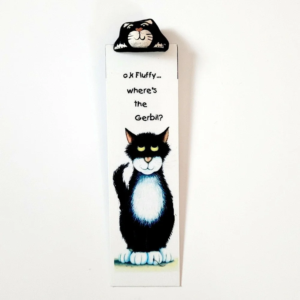 Vintage 90s Merryfield Pottery bookmark- black tuxedo cat- Mark Denman- Devon UK